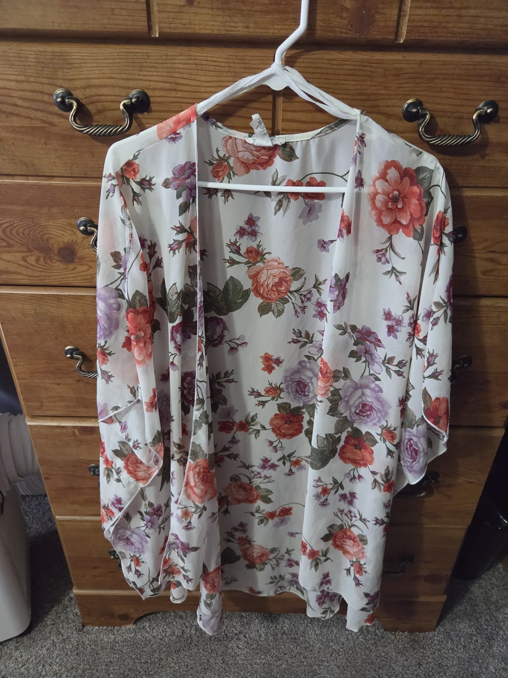 Floral Sheer Kimono - White with Coral & Lavender Roses